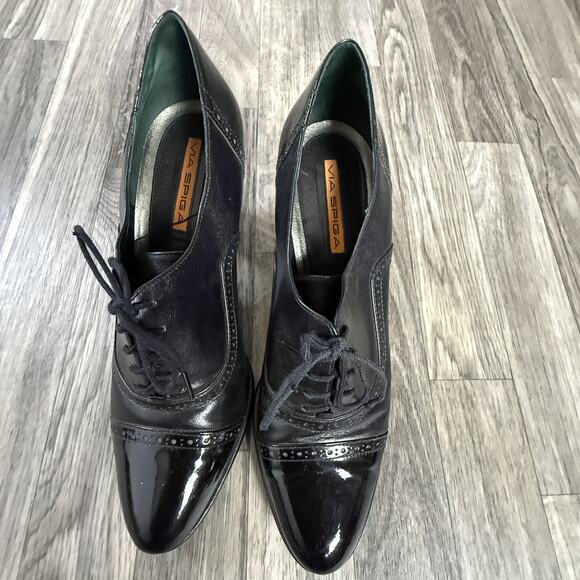 Via Spiga Black Leather & Patent Cap-Toe Lace Up Heeled Oxfords / Pumps - Picture 1 of 7
